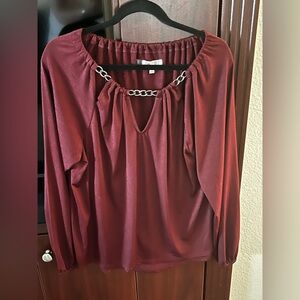 Jennifer Lopez Deep Burgundy Red Blouse with Chain Accent